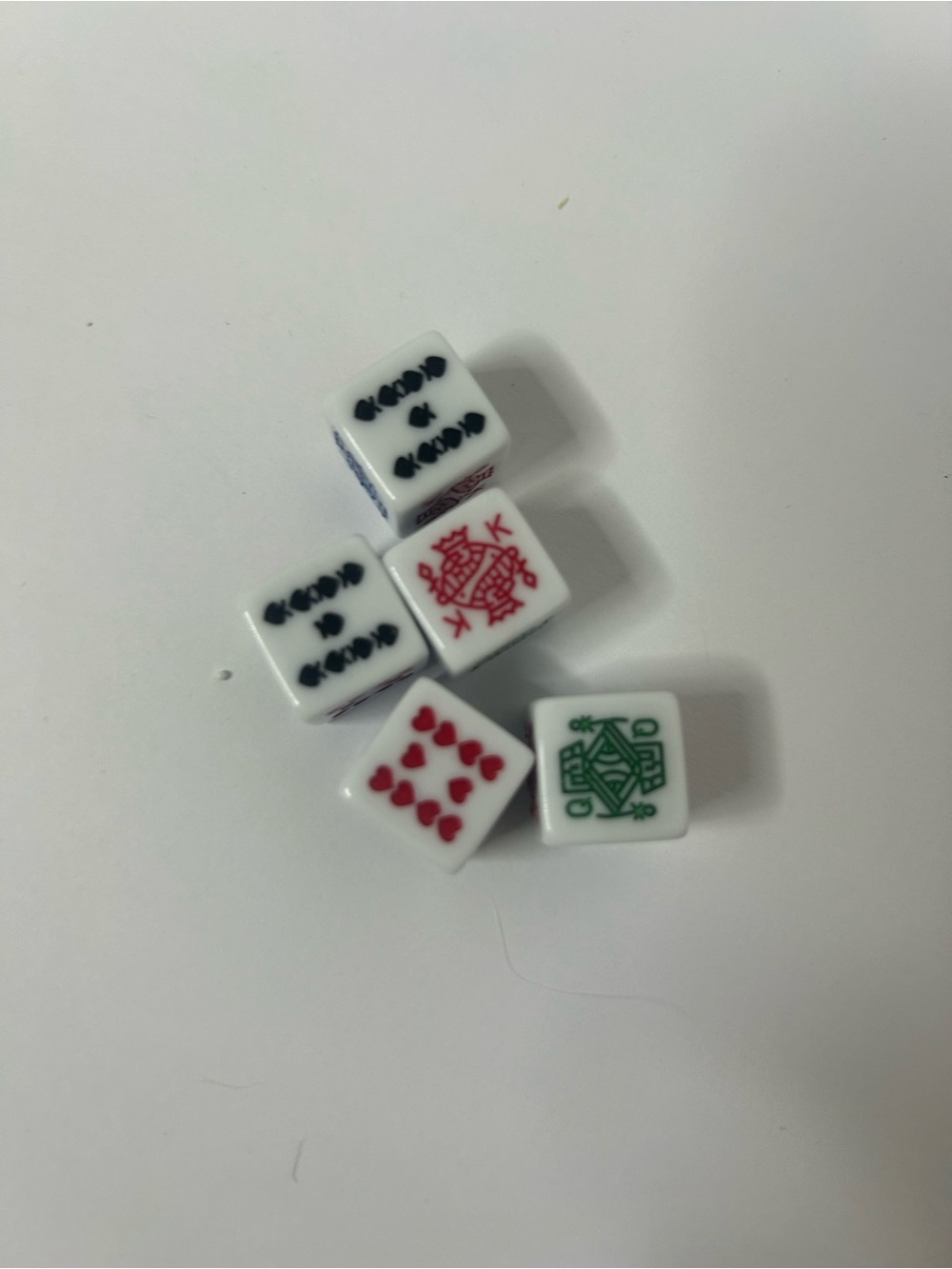 White Mahjong-Style Dice Set with Red, Black and Green Faces - Picture 1 of 4